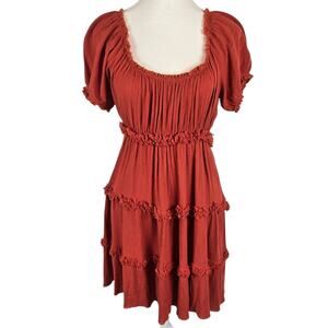 Wild Moss Womens Large Mini Dress Orange Tiered Scoop Neck Puff Sleeve Cottage